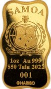 Samoa 50 Tala (Haribo Goldbear 100th Anniversary) FA'AVAE I LE ATUA SAMOA 1 OZ AU 999 $50 TALA 2022 001 SAMOA © HARIBO coin obverse