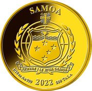 Samoa 50 Tala (Justice League Logo) FA'AVAE I LE ATUA SAMOA 1/10 OZ AU999 SAMOA $50 TALA 2022 coin obverse Samoa 50 Tala (Justice League Logo) FA'AVAE I LE ATUA SAMOA 1/10 OZ AU999 SAMOA $50 TALA 2022 coin obverse