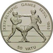 Vanuatu 50 Vatu XXIV Summer Olympic Games in Seoul. Boxing 1988 Proof KM# 10 XXIV. OLYMPIC GAMES SEOUL 1988 50 VATU coin reverse Vanuatu 50 Vatu XXIV Summer Olympic Games in Seoul. Boxing 1988 Proof KM# 10 XXIV. OLYMPIC GAMES SEOUL 1988 50 VATU coin reverse