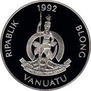 Vanuatu 50 Vatu XXV Summer Olympic Games in Barcelona. Canoeing 1992 Proof KM# 14 RIPABLIK 1992 BLONG VANUATU LONG GOD YUMI STANAP coin obverse Vanuatu 50 Vatu XXV Summer Olympic Games in Barcelona. Canoeing 1992 Proof KM# 14 RIPABLIK 1992 BLONG VANUATU LONG GOD YUMI STANAP coin obverse