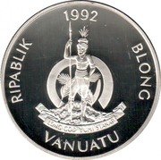 Vanuatu 50 Vatu Pedro Fernandez de Quiros 1992 Proof KM# 12 1992 RIPABLIC BLONG VANUATU LONG GOD YUMI STANAP coin obverse
