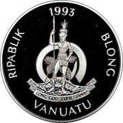 Vanuatu 50 Vatu 40th Anniversary of Coronation of Queen Elizabeth II 1993 Proof KM# 15 RIPABLIK BLONG 1993 VANUATU LONG GOD YUMI STANAP coin obverse