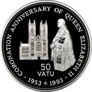 Vanuatu 50 Vatu 40th Anniversary of Coronation of Queen Elizabeth II 1993 Proof KM# 15 CORONATION ANNIVERSARY OF QUEEN ELIZABETH II 50 VATU 1953 1993 coin reverse