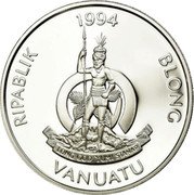 Vanuatu 50 Vatu XXVI Summer Olympic Games in Atlanta. Swimming 1994 Proof KM# 24 RIPABLIK 1994 BLONG VANUATU LONG GOD YUMI STANAP coin obverse Vanuatu 50 Vatu XXVI Summer Olympic Games in Atlanta. Swimming 1994 Proof KM# 24 RIPABLIK 1994 BLONG VANUATU LONG GOD YUMI STANAP coin obverse