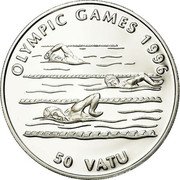 Vanuatu 50 Vatu XXVI Summer Olympic Games in Atlanta. Swimming 1994 Proof KM# 24 OLYMPIC GAMES 1996 50 VATU coin reverse Vanuatu 50 Vatu XXVI Summer Olympic Games in Atlanta. Swimming 1994 Proof KM# 24 OLYMPIC GAMES 1996 50 VATU coin reverse