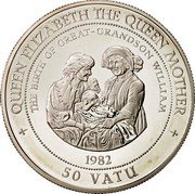 Vanuatu 50 Vatu Birth of Great Grandson Prince William 1995 Proof KM# 26 QUEEN ELIZABETH THE QUEEN MOTHER THE BIRTH OF GREAT-GRANDSON WILLIAM 1982 50 VATU coin reverse Vanuatu 50 Vatu Birth of Great Grandson Prince William 1995 Proof KM# 26 QUEEN ELIZABETH THE QUEEN MOTHER THE BIRTH OF GREAT-GRANDSON WILLIAM 1982 50 VATU coin reverse