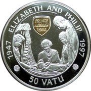 Vanuatu 50 Vatu 50th Wedding Anniversary of Elizabeth with Philip 1997 Proof KM# 35 1947 ELIZABETH AND PHILIP 1997 PRINCE ANDREW 1960 50 VATU coin reverse Vanuatu 50 Vatu 50th Wedding Anniversary of Elizabeth with Philip 1997 Proof KM# 35 1947 ELIZABETH AND PHILIP 1997 PRINCE ANDREW 1960 50 VATU coin reverse