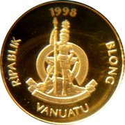 Vanuatu 50 Vatu Boar Tusk Necklace 1998 Proof KM# 32 RIPABLIK 1998 BLONG VANUATU LONG GOD YUMI STANAP coin obverse Vanuatu 50 Vatu Boar Tusk Necklace 1998 Proof KM# 32 RIPABLIK 1998 BLONG VANUATU LONG GOD YUMI STANAP coin obverse