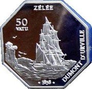 Vanuatu 50 Vatu Three Masted Corvette Zelee 1999 Proof KM# 36 50 VATU ZELEE 1838 DUMONT D'URVILLE coin reverse
