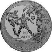 Vanuatu 50 Vatu (19th Worrld Championship Football in South Africa) 2010 FIFA WORLD CUP SOUTH AFRICAᵀᴹ 50 VATU coin reverse Vanuatu 50 Vatu (19th Worrld Championship Football in South Africa) 2010 FIFA WORLD CUP SOUTH AFRICAᵀᴹ 50 VATU coin reverse