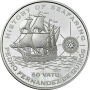 Vanuatu 50 Vatu Pedro Fernandez de Quiros 2005 Proof KM# 38 HISTORY OF SEAFARING PEDRO FERNANDEZ DE QUIRÓS 50 VATU coin reverse