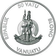 Vanuatu 50 Vatu 150th Anniversary of Pierre de Coubertin. Javelin Thrower 2013 Proof, Reverse KM# 71 LONG GOD YUMI STANAP 50 VATU RIPABLIK BLONG VANUATU coin obverse