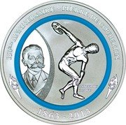 Vanuatu 50 Vatu 150th Anniversary of Pierre de Coubertin. Discus Throw 2013 Proof, Reverse KM# 74 LANCER DU DISQUE 150ᴱᴹᴱ ANNIVERSAIRE - PIERRE DE COUBERTIN 1863-2013 coin reverse