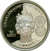 Vanuatu 50 Vatu (Charlemagne) KM# 119 CHARLEMAGNE 747/748-814 50 VATU CARLVS REX FR AGINNO coin reverse Vanuatu 50 Vatu (Charlemagne) KM# 119 CHARLEMAGNE 747/748-814 50 VATU CARLVS REX FR AGINNO coin reverse