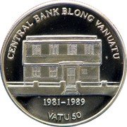 Vanuatu 50 Vatu New Bank Building 2009 Brilliant Uncirculated, only in set CENTRAL BANK BLONG VANUATU 1981-1989 VATU 50 coin reverse Vanuatu 50 Vatu New Bank Building 2009 Brilliant Uncirculated, only in set CENTRAL BANK BLONG VANUATU 1981-1989 VATU 50 coin reverse