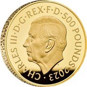 UK 500 Pounds King Charles II 2023  Proof CHARLES III D G REX F D 500 POUNDS 2023 MJ coin obverse