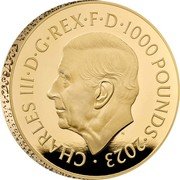 UK Charles III (Petition Crown, Shields) CHARLES III D G REX F D 1000 POUNDS 2023 MJ coin obverse UK Charles III (Petition Crown, Shields) CHARLES III D G REX F D 1000 POUNDS 2023 MJ coin obverse