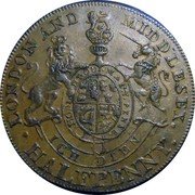 UK ½ Penny Middlesex National Series. Prince of Wales ND (1787-1797)  LONDON AND MIDDLESEX. HONI.SOIT.QUI.MAL.Y.PENSE ICH DIEN HALFPENNY. coin reverse UK ½ Penny Middlesex National Series. Prince of Wales ND (1787-1797)  LONDON AND MIDDLESEX. HONI.SOIT.QUI.MAL.Y.PENSE ICH DIEN HALFPENNY. coin reverse