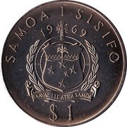Samoa Tala Tanumafili II 1969 KM# 8 SAMOA I SISIFO 19 69 FA AVAE I LE ATUA SAMOA $1 coin obverse Samoa Tala Tanumafili II 1969 KM# 8 SAMOA I SISIFO 19 69 FA AVAE I LE ATUA SAMOA $1 coin obverse