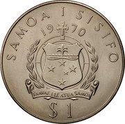 Samoa Tala Tanumafili II James Cook 1970 KM# 9 SAMOA I SISIFO 19 70 PAAVAE I LE ATUA SAMOA $1 coin obverse Samoa Tala Tanumafili II James Cook 1970 KM# 9 SAMOA I SISIFO 19 70 PAAVAE I LE ATUA SAMOA $1 coin obverse