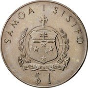 Samoa Tala Lindbergh flight 1977 KM# 26 SAMOA I SISIFO FAAVAEILE ATUA SAMOA $1 coin obverse Samoa Tala Lindbergh flight 1977 KM# 26 SAMOA I SISIFO FAAVAEILE ATUA SAMOA $1 coin obverse