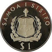 Samoa Tala Tanumafili II First Transpacific Flight 1978 Proof KM# 28a SAMOA I SISIFO FA'AVAE I LE ATUA SAMOA $ 1 coin obverse Samoa Tala Tanumafili II First Transpacific Flight 1978 Proof KM# 28a SAMOA I SISIFO FA'AVAE I LE ATUA SAMOA $ 1 coin obverse