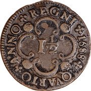 Portugal 1-1/2 Reis (Pedro II Pattern) 1688 QUARTO ANNO REGNI coin reverse Portugal 1-1/2 Reis (Pedro II Pattern) 1688 QUARTO ANNO REGNI coin reverse