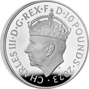 UK 10 Pounds The Coronation of HM King Charles III. Royal Arms 2023 CHARLES III D G REX F D 10 POUNDS 2023 MJ coin obverse UK 10 Pounds The Coronation of HM King Charles III. Royal Arms 2023 CHARLES III D G REX F D 10 POUNDS 2023 MJ coin obverse