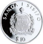 Samoa 10 Tala (SMS Adler 1889) SAMOA I SISIFO FAVAE ILE ATUA SAMOA $10 coin obverse Samoa 10 Tala (SMS Adler 1889) SAMOA I SISIFO FAVAE ILE ATUA SAMOA $10 coin obverse