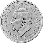 UK 100 Pounds (Charles III) CHARLES III D G REX F D 100 POUNDS MJ coin obverse UK 100 Pounds (Charles III) CHARLES III D G REX F D 100 POUNDS MJ coin obverse