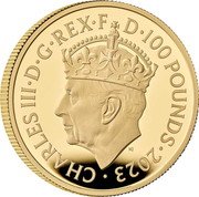 UK 100 Pounds The Coronation of HM King Charles III. Royal Arms 2023 CHARLES III D G REX F D 100 POUNDS 2023 MJ coin obverse UK 100 Pounds The Coronation of HM King Charles III. Royal Arms 2023 CHARLES III D G REX F D 100 POUNDS 2023 MJ coin obverse