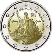 Malta 2 Euro (225th Anniversary of the Arrival of the French in Malta) 225TH ANNIVERSARY ARRIVAL OF THE FRENCH IN MALTA 2023 NGB 1798 2023 LIBERTÉ EGALITÉ coin obverse