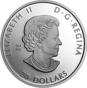 Canada 20 Dollars Northern Cardinal 2023 ELIZABETH II D G REGINA 20 DOLLARS 1952 2022 coin obverse Canada 20 Dollars Northern Cardinal 2023 ELIZABETH II D G REGINA 20 DOLLARS 1952 2022 coin obverse