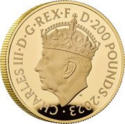 UK 200 Pounds The Coronation of HM King Charles III. Royal Arms 2023 CHARLES III D G REX F D 200 POUNDS 2023 MJ coin obverse UK 200 Pounds The Coronation of HM King Charles III. Royal Arms 2023 CHARLES III D G REX F D 200 POUNDS 2023 MJ coin obverse