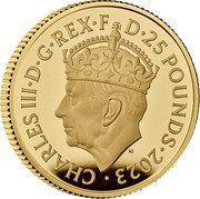 UK 25 Pounds The Coronation of HM King Charles III. Royal Arms 2023 CHARLES III D G REX F D 25 POUNDS 2023 MJ coin obverse UK 25 Pounds The Coronation of HM King Charles III. Royal Arms 2023 CHARLES III D G REX F D 25 POUNDS 2023 MJ coin obverse