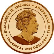 Australia 2500 Dollars The Jewelled Snake 2023 P ELIZABETH II 1952-2022 AUSTRALIA 2023 10OZ 9999 GOLD 2500 DOLLARS coin obverse Australia 2500 Dollars The Jewelled Snake 2023 P ELIZABETH II 1952-2022 AUSTRALIA 2023 10OZ 9999 GOLD 2500 DOLLARS coin obverse