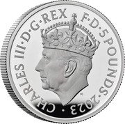 UK 5 Pounds The Coronation of HM King Charles III. Royal Arms 2023 CHARLES III D G REX F D 5 POUNDS 2023 MJ coin obverse UK 5 Pounds The Coronation of HM King Charles III. Royal Arms 2023 CHARLES III D G REX F D 5 POUNDS 2023 MJ coin obverse