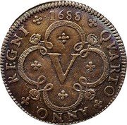 Portugal 5 Reis Pedro II Pattern 1688  KM# Pn8 1688 QUARTO ANNO REGNI V coin reverse Portugal 5 Reis Pedro II Pattern 1688  KM# Pn8 1688 QUARTO ANNO REGNI V coin reverse