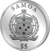 Samoa 5 Tala (3D Oak Tree Leaf) SAMOA FA'AVAE I LE ATUA SAMOA $5 coin obverse Samoa 5 Tala (3D Oak Tree Leaf) SAMOA FA'AVAE I LE ATUA SAMOA $5 coin obverse