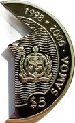Samoa 5 Tala (Epoch Making Events - 1/2 of 2-part coin.) 1998-2000 $ 5 SAMOA coin obverse Samoa 5 Tala (Epoch Making Events - 1/2 of 2-part coin.) 1998-2000 $ 5 SAMOA coin obverse