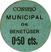 Spain 50 Centimos (Benetuser) CONSEJO MUNICIPAL DE BENETÚSER 0'50 CTS. coin obverse Spain 50 Centimos (Benetuser) CONSEJO MUNICIPAL DE BENETÚSER 0'50 CTS. coin obverse
