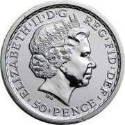 UK 50 Pence (Britannia. Plain Fields) ELIZABETH II D G REG FID DEF IRB 50 PENCE coin obverse UK 50 Pence (Britannia. Plain Fields) ELIZABETH II D G REG FID DEF IRB 50 PENCE coin obverse