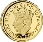 UK 50 Pence The Coronation of HM King Charles III. Royal Arms 2023 CHARLES III D G REX F D 50 PENCE 2023 MJ coin obverse UK 50 Pence The Coronation of HM King Charles III. Royal Arms 2023 CHARLES III D G REX F D 50 PENCE 2023 MJ coin obverse