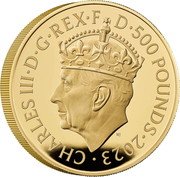 UK 500 Pounds The Coronation of HM King Charles III. Royal Arms 2023 CHARLES III D G REX F D 500 POUNDS 2023 MJ coin obverse