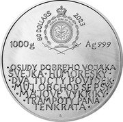 Niue 80 Dollars (Jaroslav Hashek) 80 DOLLARS 2023 PUBLIC SEAL OF NIUE ATUA NIUE TUKULAGI 1000G AG 999 OSUDY DOBRÉHO VOJÁKA ŠVEJKA HUMORESKY DVA TUCTY POVÍDEK MŮJ OBCHOD SE PSY MÁJOVÉ VÝKŘIKY TRAMPOTY PANA TENKRÁTA CM coin obverse