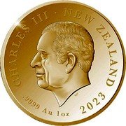 New Zealand Five Dollars (Charles III 1st Portrait - Coronation) CHARLES III NEW ZEALAND SJF .9999 AU 1OZ 2023 coin obverse New Zealand Five Dollars (Charles III 1st Portrait - Coronation) CHARLES III NEW ZEALAND SJF .9999 AU 1OZ 2023 coin obverse