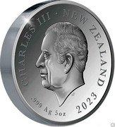 New Zealand Five Dollars King Charles III Coronation 2023 SJF CHARLES III NEW ZEALAND NEW ZEALAND .999 AG 5 OZ 2023 coin obverse New Zealand Five Dollars King Charles III Coronation 2023 SJF CHARLES III NEW ZEALAND NEW ZEALAND .999 AG 5 OZ 2023 coin obverse