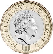 UK One Pound (Nations of the Crown Memorial) ELIZABETH II D G REG F D 2022 J.C 26/22 £ ~ 1 ONE POUND coin obverse