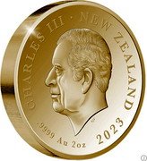 New Zealand Ten Dollars King Charles III Coronation 2023 SJF CHARLES III NEW ZEALAND NEW ZEALAND .9999 AU 2 OZ 2023. coin obverse New Zealand Ten Dollars King Charles III Coronation 2023 SJF CHARLES III NEW ZEALAND NEW ZEALAND .9999 AU 2 OZ 2023. coin obverse