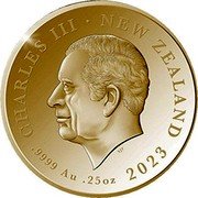 New Zealand Two Dollars (Charles III 1st Portrait - Coronation) CHARLES III NEW ZEALAND SJF .9999 AU 0.25OZ 2023 coin obverse New Zealand Two Dollars (Charles III 1st Portrait - Coronation) CHARLES III NEW ZEALAND SJF .9999 AU 0.25OZ 2023 coin obverse